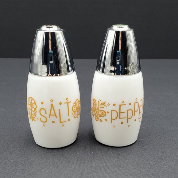 Gemco Westinghouse Butterfly Gold Salt & Pepper Shakers Gold on White Milk Glass - Picture 1 of 10